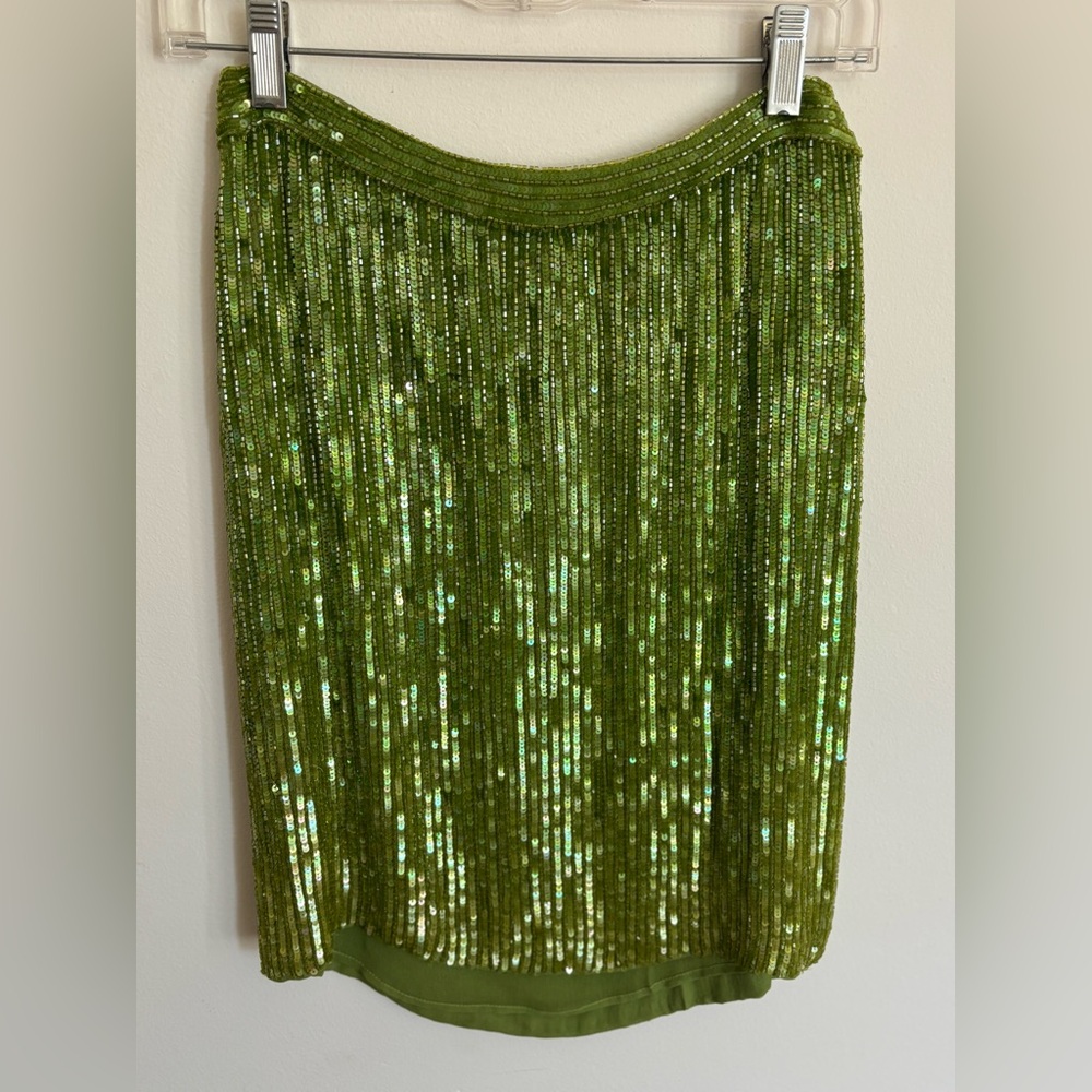 INC Glass beaded and sequined silk skirt, lovely heaviness, green, lined, 4P